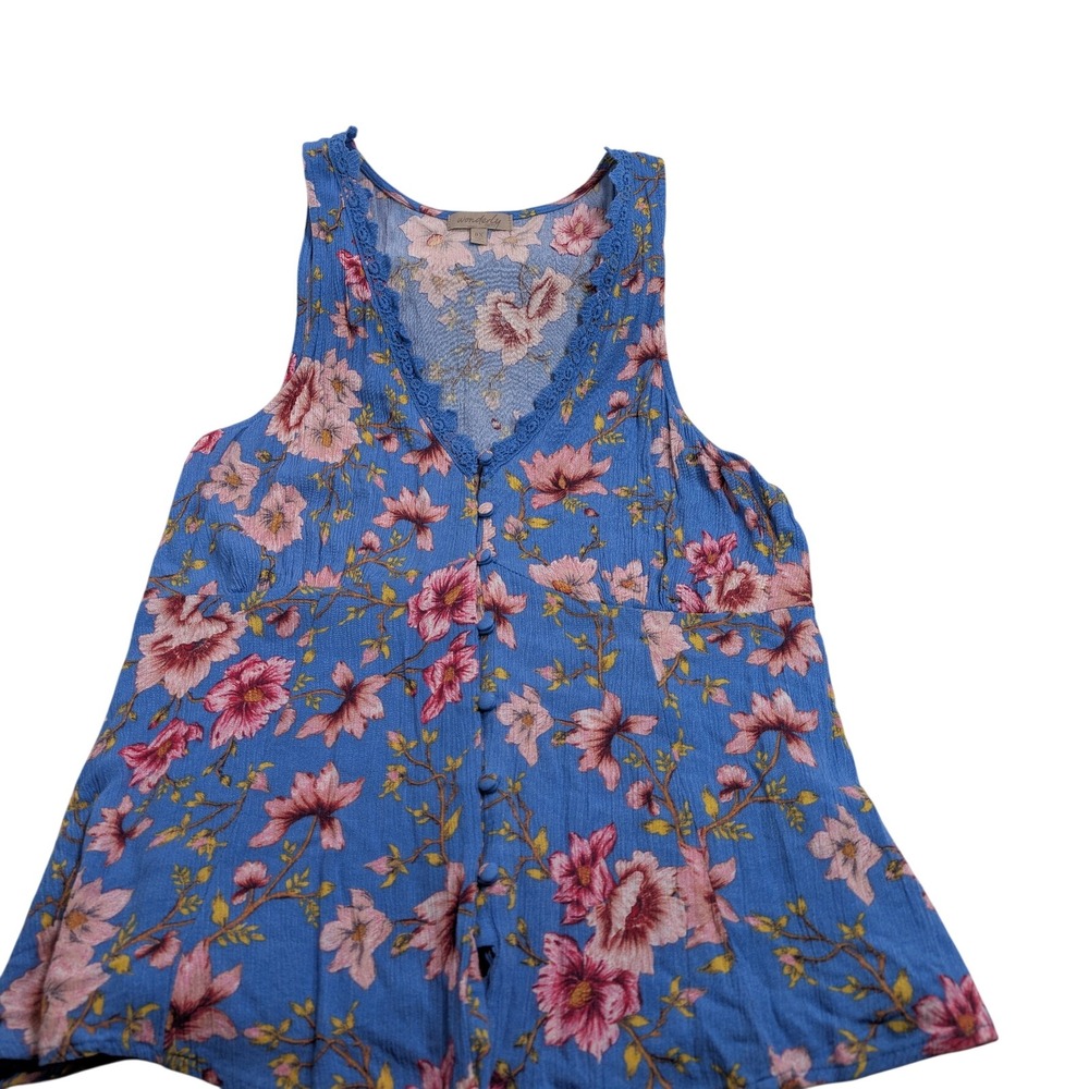Wonderly Women Floral Sleeveless Button Front Tank Top‎ 0X Blue Pink